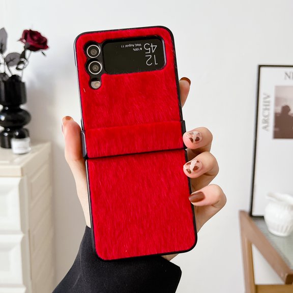 ELEHOLD for Samsung Galaxy Z Flip 3 Mink Horsehair Hinge Protection Case, Slim Fit Lightweight Raised Frame Camera Lens Protection Anti-Scratch Dustproof Case for ZFlip 3 6.7 inch,Red
