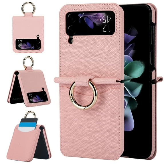 ELEHOLD for Samsung Galaxy Z Flip 3 Wallet Case,Anti-slip Cross Textured PU leather Card Holder Metal Ring Slim Shockproof Protective Cover for Women Men for Samsung Galaxy Z Flip 3,Pink