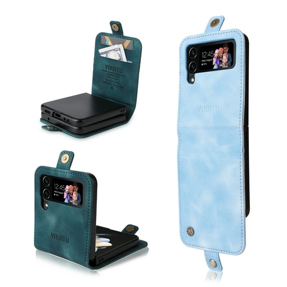 ELEHOLD for Samsung Galaxy Z Flip 3 Wallet Case, Skin Feel PU Leather Premium PC Card Slot Holder Cash Pocket Drop Protective Shockproof Slim Fit Flip Case Cover for Z Flip 3 6.7 inch, Lightblue