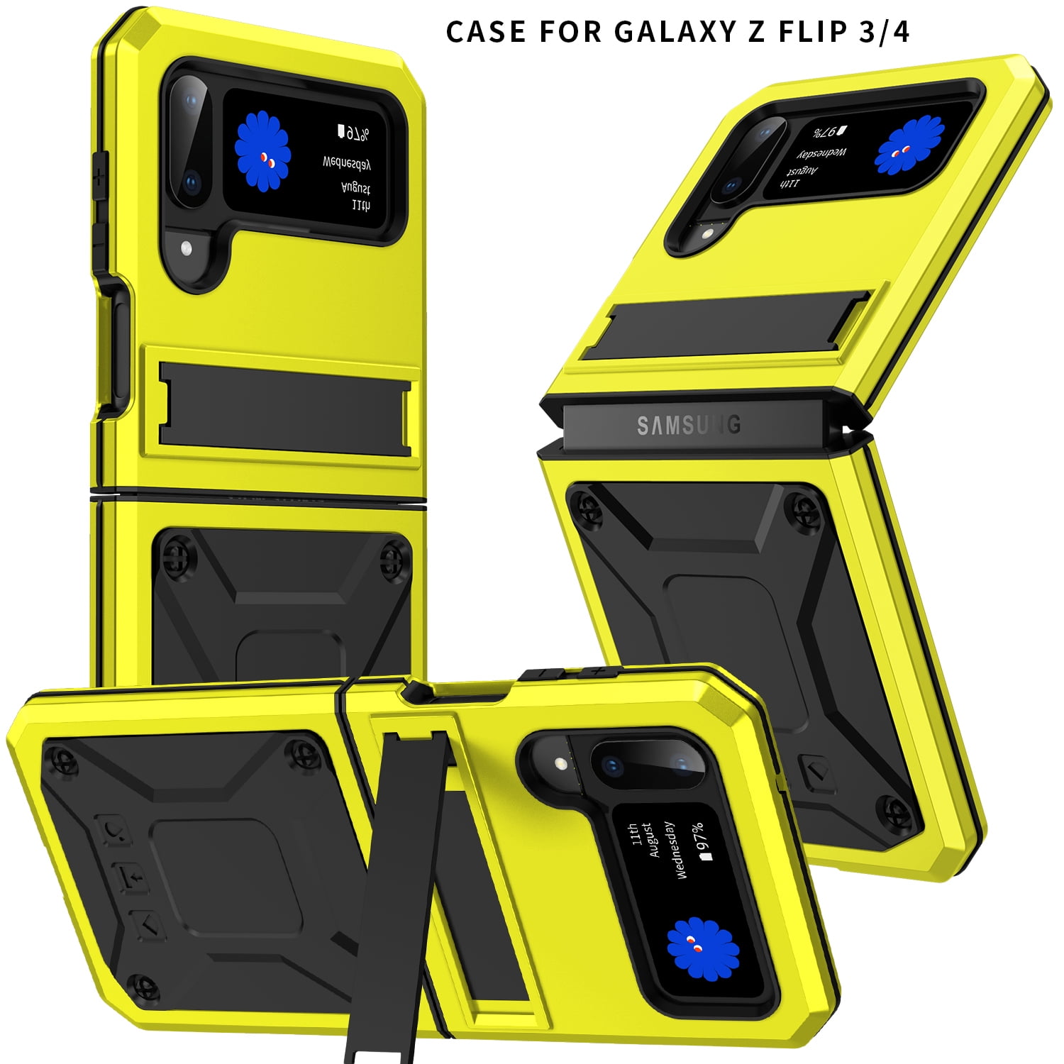 ELEHOLD for Samsung Galaxy Z Flip 4/3 6.7" Case, Heavy Duty Armor Built-in Explosion-Proof Tempered Glass Screen Protector Wireless Charging Hang Rope Hidden Kickstand Shockproof Rugged Case,Yellow