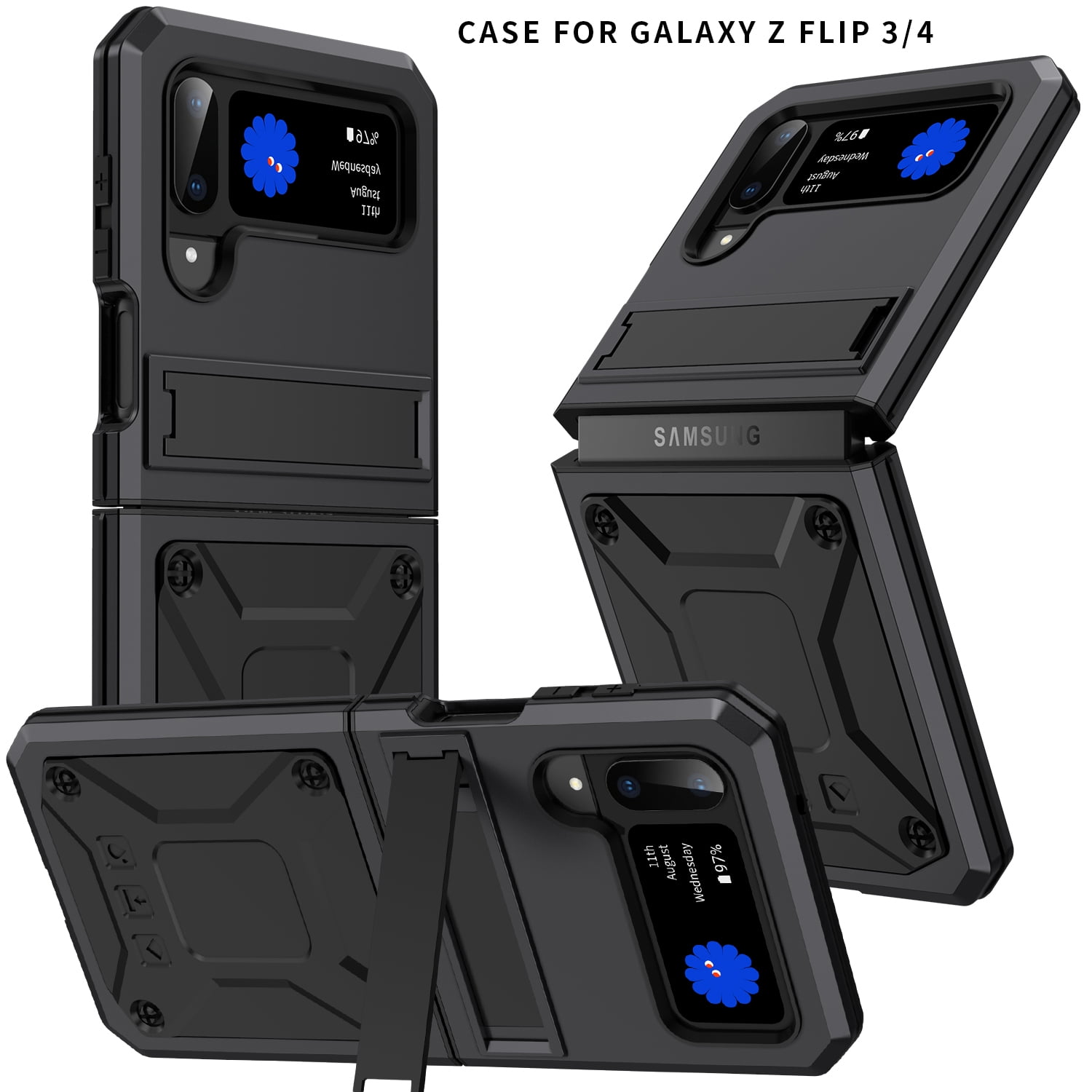 ELEHOLD for Samsung Galaxy Z Flip 4/3 6.7" Case, Heavy Duty Armor Built-in Explosion-Proof Tempered Glass Screen Protector Wireless Charging Hang Rope Hidden Kickstand Shockproof Rugged Case,Black