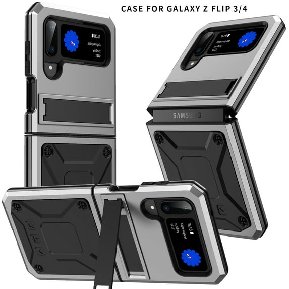 ELEHOLD for Samsung Galaxy Z Flip 4/3 6.7" Case, Heavy Duty Armor Built-in Explosion-Proof Tempered Glass Screen Protector Wireless Charging Hang Rope Hidden Kickstand Shockproof Rugged Case,Silver