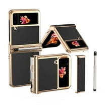 ELEHOLD for Samsung Galaxy Z Flip 4 6.7 inch Slim Case, S Pen Slot Holder Hinge Protection PU Leather+PC Full Body Shockproof Cover Case for Samsung Z Flip3/ Flip4, Black Gold