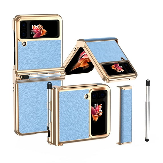 ELEHOLD for Samsung Galaxy Z Flip 4 6.7 inch Slim Case, S Pen Slot Holder Hinge Protection PU Leather+PC Full Body Shockproof Cover Case for Samsung Z Flip3/ Flip4, Blue + Gold