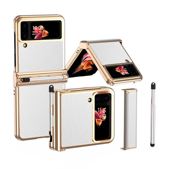 ELEHOLD for Samsung Galaxy Z Flip 4 6.7 inch Slim Case, S Pen Slot Holder Hinge Protection PU Leather＋PC Full Body Shockproof Cover Case for Samsung Z Flip3/ Flip4, White + Gold