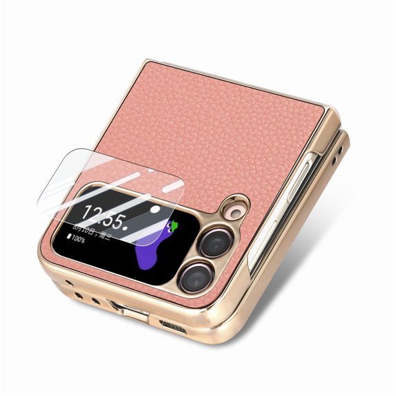 ELEHOLD for Samsung Galaxy Z Flip 4 Case Leather Protective Case with Tempered Glass Small Screen Protector Shockproof Anti-Scratch Phone Case for Galaxy Z Flip 4 2022, Pink