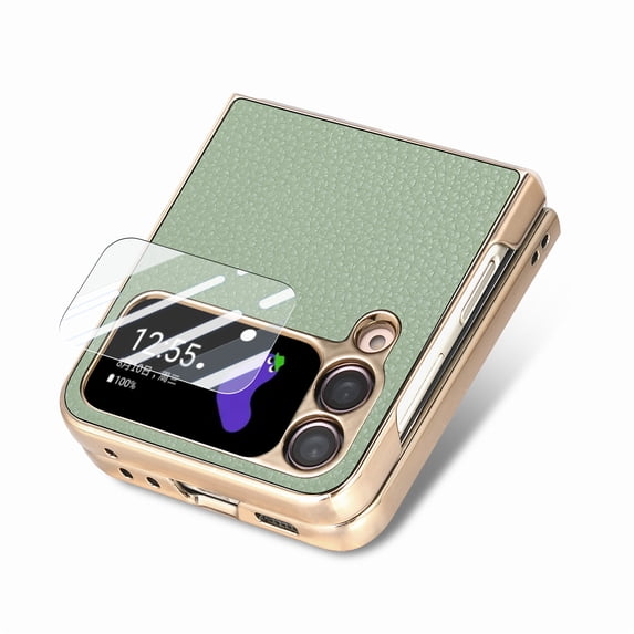 ELEHOLD for Samsung Galaxy Z Flip 4 Case Leather Protective Case with Tempered Glass Small Screen Protector Shockproof Anti-Scratch Phone Case for Galaxy Z Flip 4 2022, Green