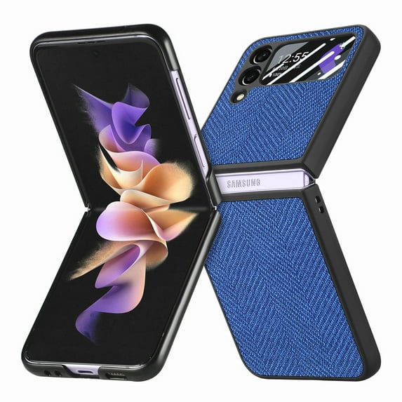 ELEHOLD for Samsung Galaxy Z Flip 4 Case, Luxury Leather Material with Built-in Small Screen Protector Full Body Shockproof Slim Protective Case for Samsung Galaxy Z Flip 4 2022, Blue