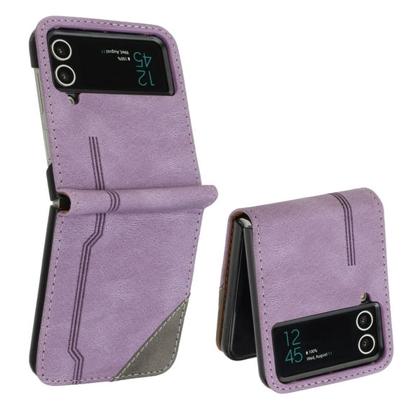 ELEHOLD for Samsung Galaxy Z Flip 4 Leather Case, Business Style Folding Case, Shockproof Premium Leather Slim Lightweight Case Cover for Men Women,Purple