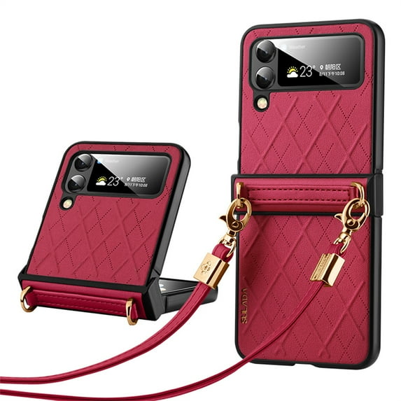 ELEHOLD for Samsung Galaxy Z Flip 4 Luxury Leather Case with Detachable Strap,PU Leather Anti-Scratch Lightweight Shockproof Case for Samsung Z Flip4 2022 for Women Girls,Red