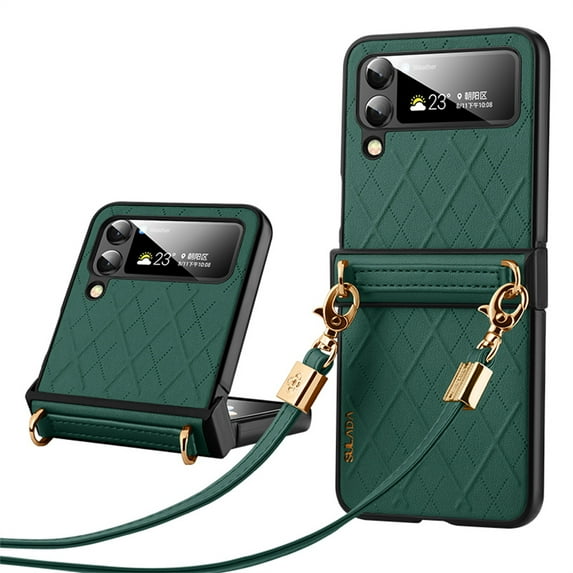 ELEHOLD for Samsung Galaxy Z Flip 4 Luxury Leather Case with Detachable Strap,PU Leather Anti-Scratch Lightweight Shockproof Case for Samsung Z Flip4 2022 for Women Girls,Green