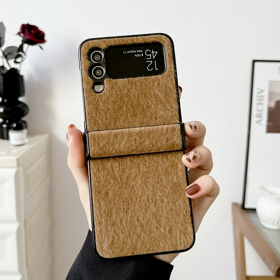 ELEHOLD for Samsung Galaxy Z Flip 4 Mink Horsehair Hinge Protection Case, Slim Fit Lightweight Raised Frame Camera Lens Protection Anti-Scratch Dustproof Case for ZFlip 4 6.7 inch,Brown