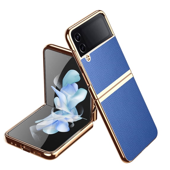 ELEHOLD for Samsung Galaxy Z Flip 4 Plating Leather Case,Lychee Pattern Leather Premium Leather Shockproof Electroplated Protective Case for Samsung Galaxy Z Flip4 2022,Blue