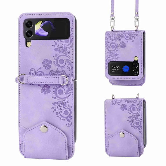 ELEHOLD for Samsung Galaxy Z Flip 4 Shoulder Crossbody Wallet Case with Card Slots, Floral Embossed PU Leather Wallet Flip Protective Kickstand Wrist Strap Cover, purple