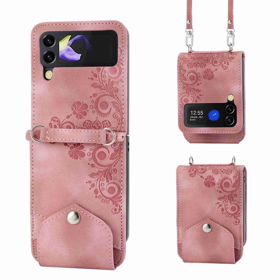 ELEHOLD for Samsung Galaxy Z Flip 4 Shoulder Crossbody Wallet Case with Card Slots, Floral Embossed PU Leather Wallet Flip Protective Kickstand Wrist Strap Cover, pink