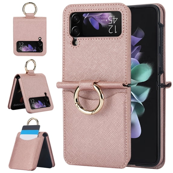 ELEHOLD for Samsung Galaxy Z Flip 4 Wallet Case,Anti-slip Cross Textured PU leather Card Holder Metal Ring Slim Shockproof Protective Cover for Women Men for Samsung Galaxy Z Flip 4,Rosegold