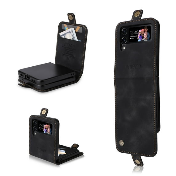 ELEHOLD for Samsung Galaxy Z Flip 4 Wallet Case, Skin Feel PU Leather Premium PC Card Slot Holder Cash Pocket Drop Protective Shockproof Slim Fit Flip Case Cover for Z Flip 4 6.7 inch, Black