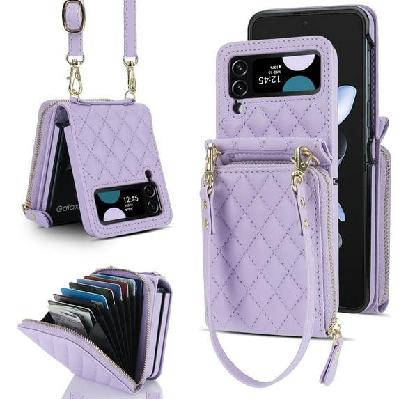 ELEHOLD for Samsung Galaxy Z Flip 4 Wallet Case,Soft Leather Card Slot Holder Zipper Purse Shockproof Protective Case with Shoulder Strap for Samsung Galaxy Z Flip 4,Purple