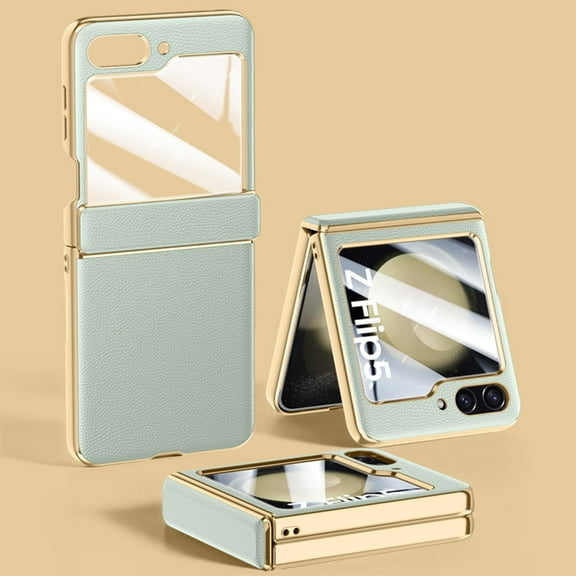ELEHOLD for Samsung Galaxy Z Flip 5 Case with Built-in Screen Protector Hinge Protection, Slim Fit Plating Leather Non-Slip Shockproof Protective  Cover for Samsung Z Flip5 5G,Green