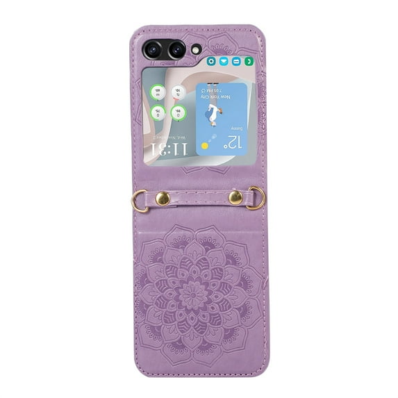 ELEHOLD for Samsung Galaxy Z Flip 5 Case, Premium PU Leather Embossed Mandala Pattern Leather Case with Crossbody Shoulder Strap Shockproof Protective Cover for Galaxy Z Flip 5 2023,Purple