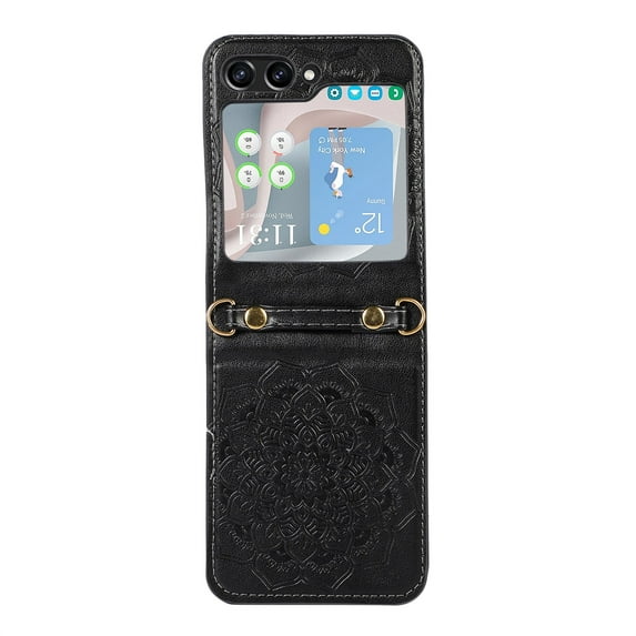 ELEHOLD for Samsung Galaxy Z Flip 5 Case, Premium PU Leather Embossed Mandala Pattern Leather Case with Crossbody Shoulder Strap Shockproof Protective Cover for Galaxy Z Flip 5 2023, Black