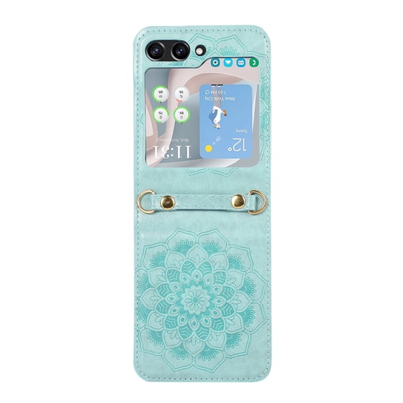 ELEHOLD for Samsung Galaxy Z Flip 5 Case, Premium PU Leather Embossed Mandala Pattern Leather Case with Crossbody Shoulder Strap Shockproof Protective Cover for Galaxy Z Flip 5 2023,Green