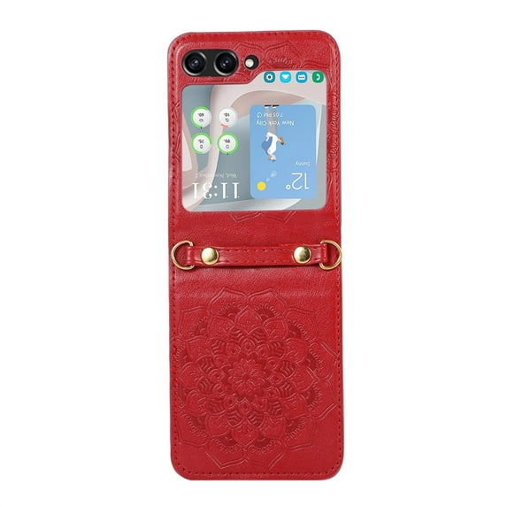 ELEHOLD for Samsung Galaxy Z Flip 5 Case, Premium PU Leather Embossed Mandala Pattern Leather Case with Crossbody Shoulder Strap Shockproof Protective Cover for Galaxy Z Flip 5 2023, Red