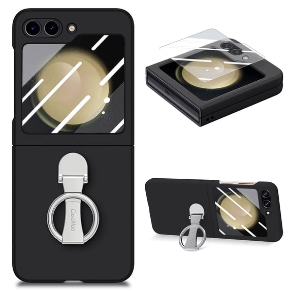 ELEHOLD for Samsung Galaxy Z Flip 5 Case with Ring Holder, Full Body Frosted Hard PC Case, with Built-in Screen Protector Shockproof Slim Protective Cover for Samsung Galaxy Z Flip 5 2023, Black