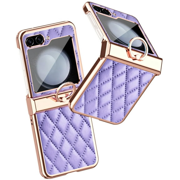 ELEHOLD for Samsung Galaxy Z Flip 5 Case with Ring Holder,Soft PU Leather Plating Case with Hinge Protection Shockproof Galaxy Z Flip 5 Back Cover for Women Girls,Purple
