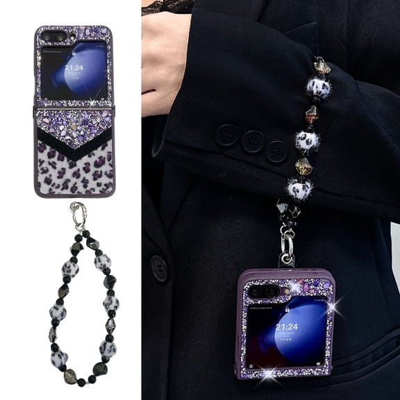 ELEHOLD for Samsung Galaxy Z Flip 5 Case, Women Girl Slim Hard PC Glitter Leopard Pattern Design Shock-Absorbent Protective Case with Lanyard for Samsung Galaxy Z Flip 5,Purple