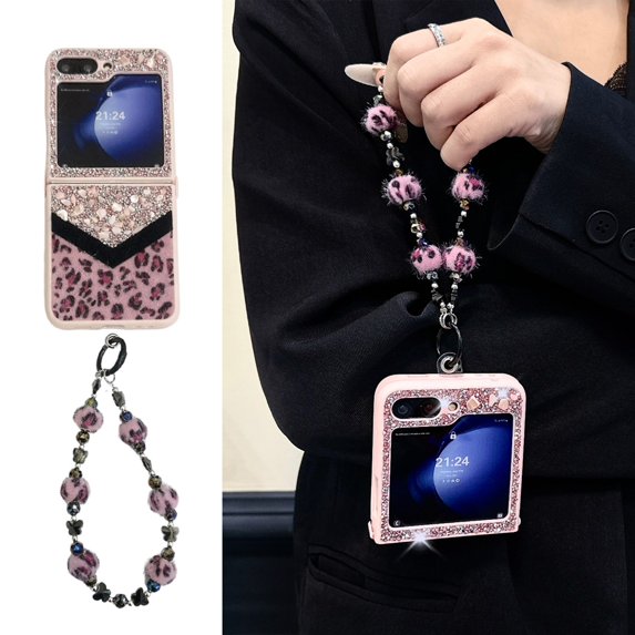 ELEHOLD for Samsung Galaxy Z Flip 5 Case, Women Girl Slim Hard PC Glitter Leopard Pattern Design Shock-Absorbent Protective Case with Lanyard for Samsung Galaxy Z Flip 5,Pink