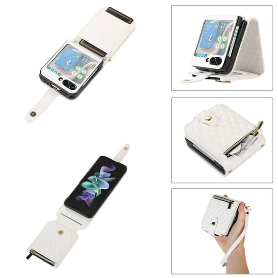 ELEHOLD for Samsung Galaxy Z Flip 5 Case with Wrist Strap, Luxury Shockproof PU Leather Case with Zipper Wallet Card Slots Magnetic Clasp Crossbody Strap for Samsung Galaxy Z Flip5 2023, White