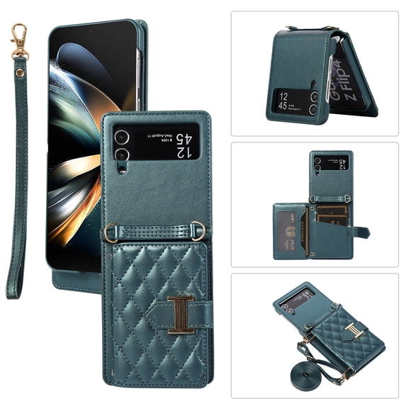 ELEHOLD for Samsung Galaxy Z Flip 5 Crossbody Wallet Case with Card Holders Luxury Soft PU Leather Shockproof Protective Cover with Shoulder Strap for Samsung Galaxy Z Flip 5 for Girls Women,Darkgreen