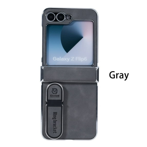 ELEHOLD For Samsung Galaxy Z Flip 5 Rugged Leather Case Hinge Protection Slim Ultra-Thin Leather Invisible Kickstand Shockproof Anti Scratch Hard Phone Phone Case Cover,Gray