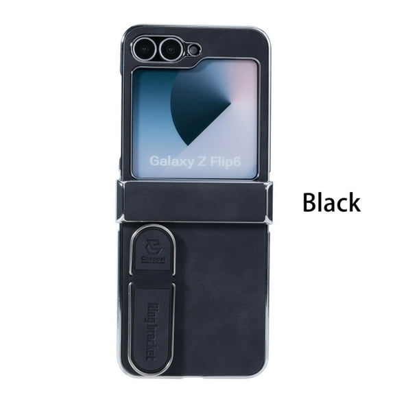 ELEHOLD For Samsung Galaxy Z Flip 5 Rugged Leather Case Hinge Protection Slim Ultra-Thin Leather Invisible Kickstand Shockproof Anti Scratch Hard Phone Phone Case Cover,Black