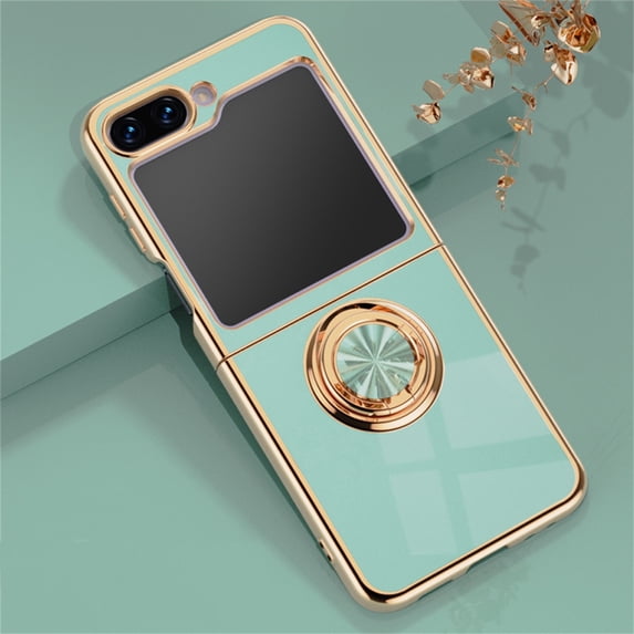 ELEHOLD for Samsung Galaxy Z Flip 5 Slim Case Electroplating Frame Design Lens Protection Metal Ring Holder Stand Function Compatible with Magnetic Car Mount Shockproof Lightweight Case,Mint