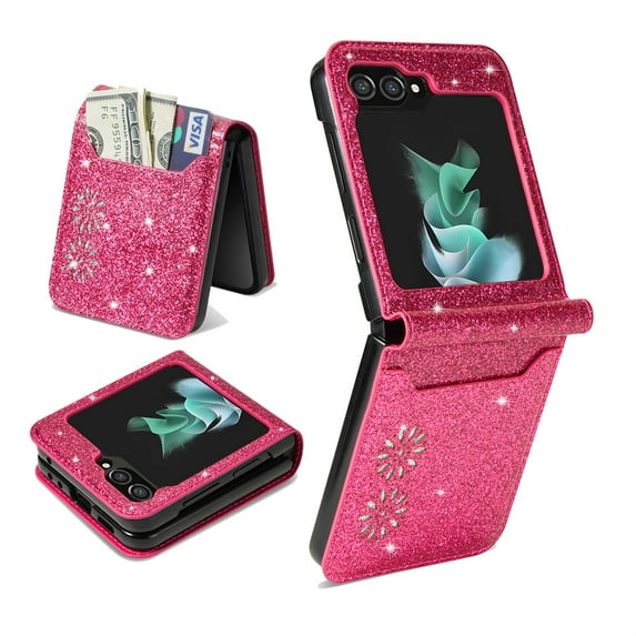 ELEHOLD for Samsung Galaxy Z Flip 5 Stylish Case,Bling Glitter Leather Card Holder Slim Lightweight Purse Case for Samsung Z Flip 5 for Women Girls,Rose