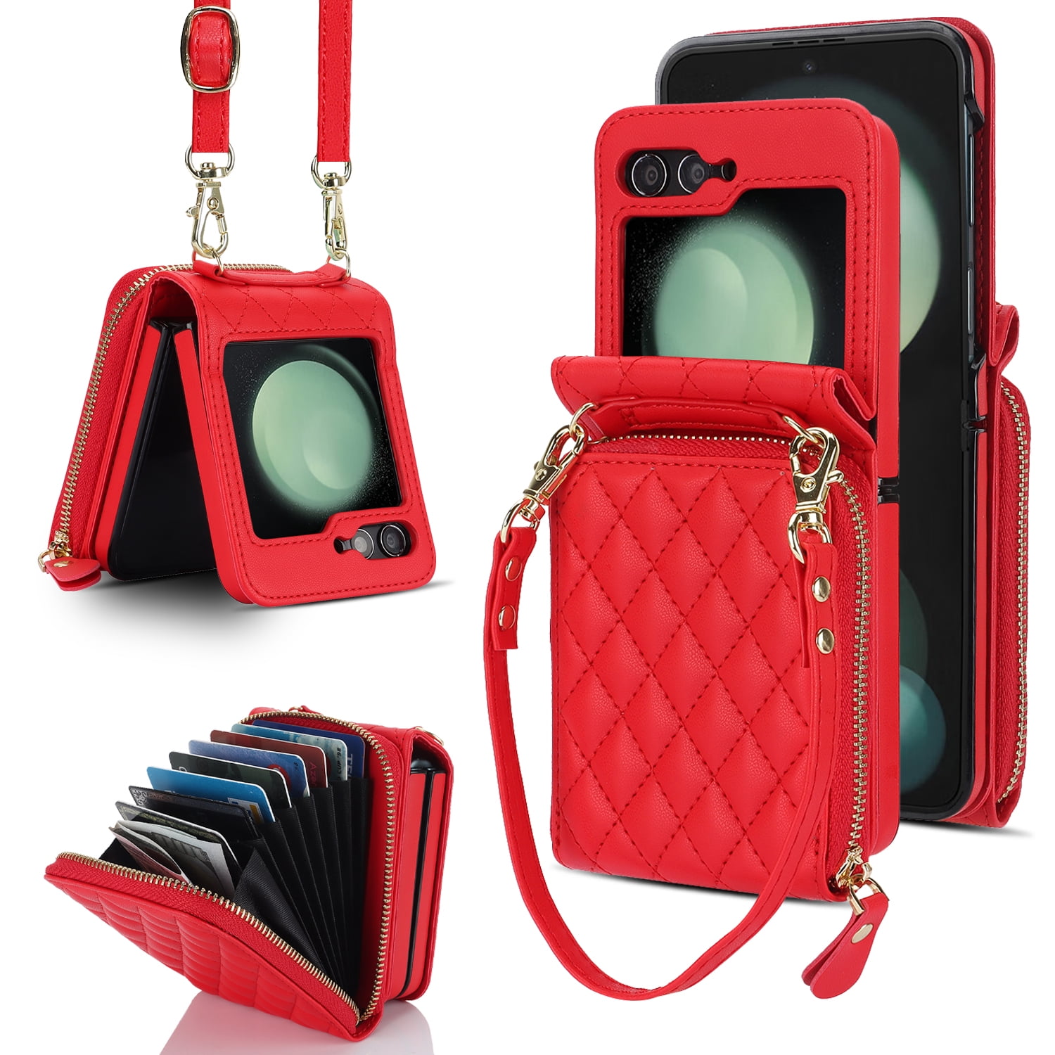 ELEHOLD for Samsung Galaxy Z Flip 5 Wallet Case,Soft Leather Card Slot Holder Zipper Purse Shockproof Protective Case with Shoulder Strap for Samsung Galaxy Z Flip 5,Red