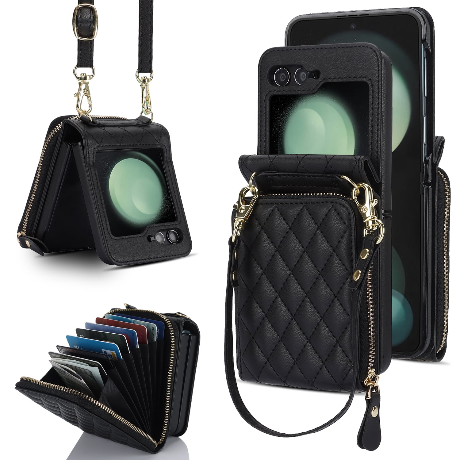 ELEHOLD for Samsung Galaxy Z Flip 5 Wallet Case,Soft Leather Card Slot Holder Zipper Purse Shockproof Protective Case with Shoulder Strap for Samsung Galaxy Z Flip 5,Black