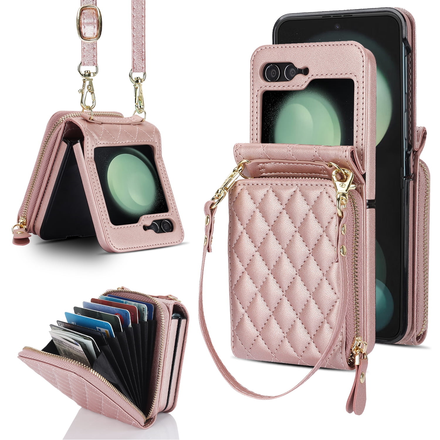 ELEHOLD for Samsung Galaxy Z Flip 5 Wallet Case,Soft Leather Card Slot Holder Zipper Purse Shockproof Protective Case with Shoulder Strap for Samsung Galaxy Z Flip 5,Rosegold