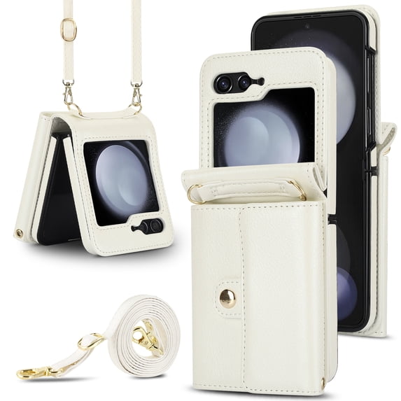 ELEHOLD for Samsung Galaxy Z Flip 6 with Card Holder, Shockproof PU Leather Credit Card Cash Slots Lanyard Durable Protection Phone Case for Samsung Galaxy Z Flip 6,White