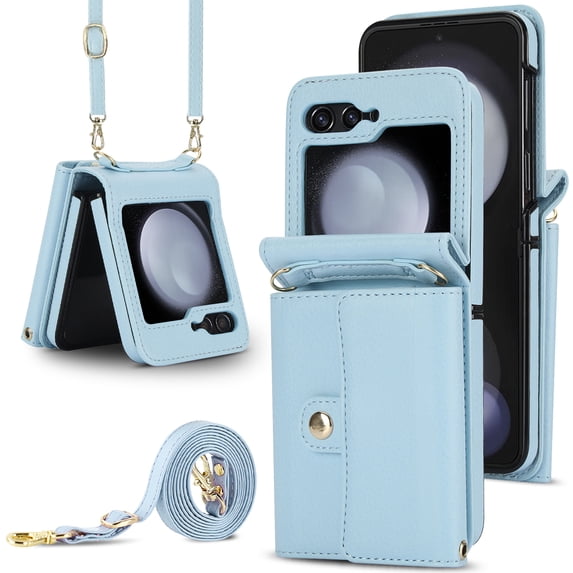 ELEHOLD for Samsung Galaxy Z Flip 6 with Card Holder, Shockproof PU Leather Credit Card Cash Slots Lanyard Durable Protection Phone Case for Samsung Galaxy Z Flip 6,Blue