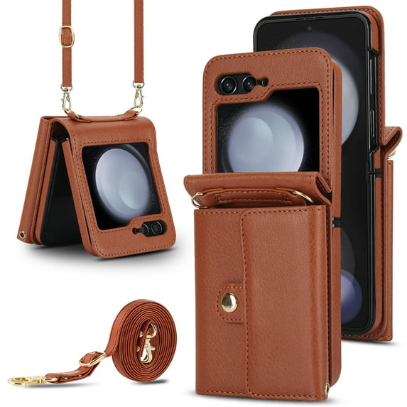 ELEHOLD for Samsung Galaxy Z Flip 6 with Card Holder, Shockproof PU Leather Credit Card Cash Slots Lanyard Durable Protection Phone Case for Samsung Galaxy Z Flip 6,Brown