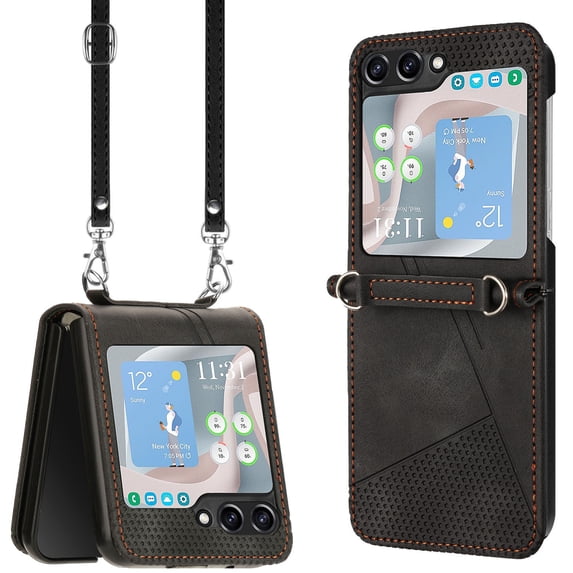 ELEHOLD for Samsung Galaxy Z Flip 6 Case, Business Casual Leather Anti-Scratch Durable Shock-Absorbent Protective Phone Case with Strap for Samsung Galaxy Z Flip 6, Black