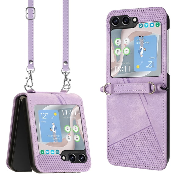ELEHOLD for Samsung Galaxy Z Flip 6 Case, Business Casual Leather Anti-Scratch Durable Shock-Absorbent Protective Phone Case with Strap for Samsung Galaxy Z Flip 6, Purple