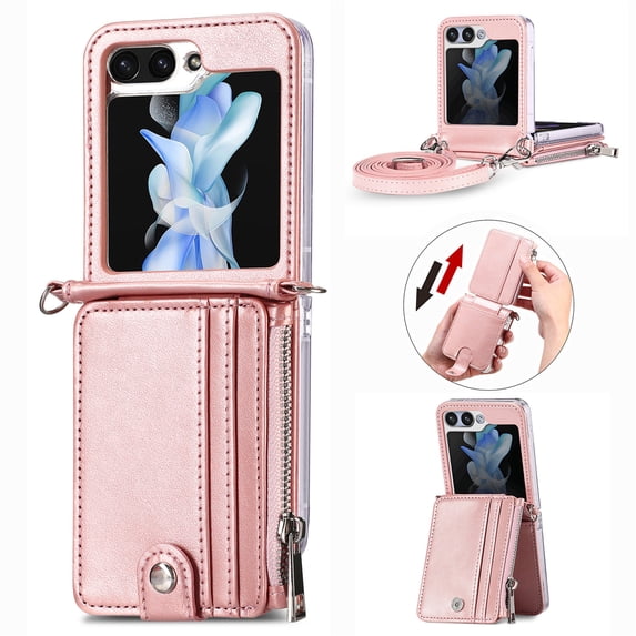 ELEHOLD for Samsung Galaxy Z Flip 6 Case, Leather Flip Detachable Card Holder Adjustable Cross-Body Strap Hinge Protection Shockproof Full Body Protective Case for Samsung Galaxy Z Flip 6,Rosegold