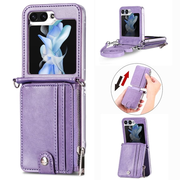 ELEHOLD for Samsung Galaxy Z Flip 6 Case, Leather Flip Detachable Card Holder Adjustable Cross-Body Strap Hinge Protection Shockproof Full Body Protective Case for Samsung Galaxy Z Flip 6,Purple