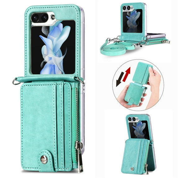 ELEHOLD for Samsung Galaxy Z Flip 6 Case, Leather Flip Detachable Card Holder Adjustable Cross-Body Strap Hinge Protection Shockproof Full Body Protective Case for Samsung Galaxy Z Flip 6,Green