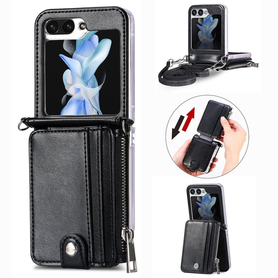 ELEHOLD for Samsung Galaxy Z Flip 6 Case, Leather Flip Detachable Card Holder Adjustable Cross-Body Strap Hinge Protection Shockproof Full Body Protective Case for Samsung Galaxy Z Flip 6,Black