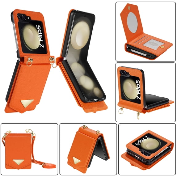 ELEHOLD for Samsung Galaxy Z Flip 6 Case, Luxury Leather Mirror Makeup Credit Card Holder Slot Crossbody Strap Women Girls Slim Protective Case for Samsung Galaxy Z Flip 6 ,Orange